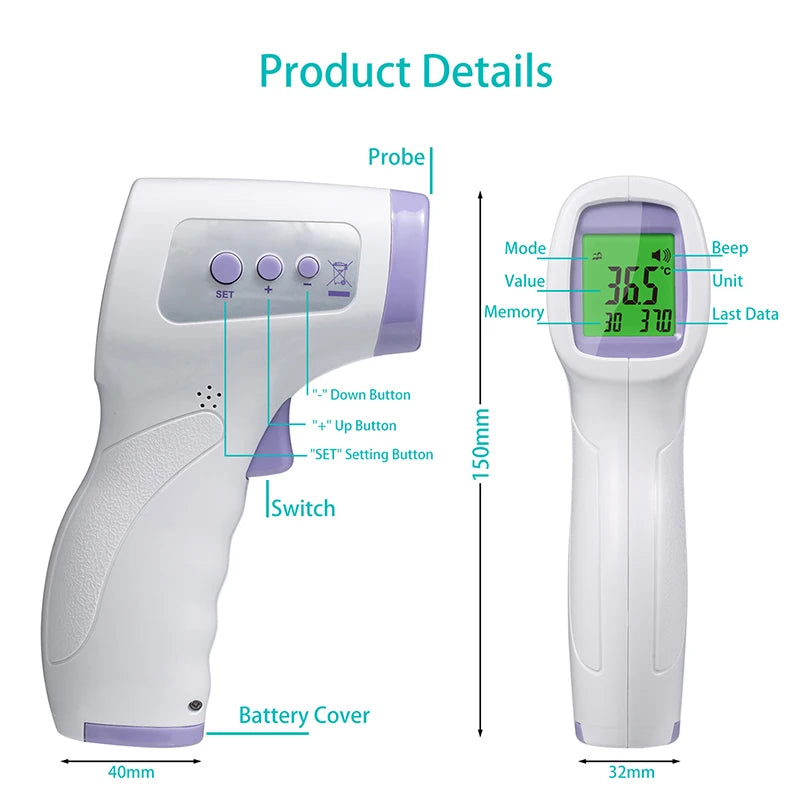 Thermomètre frontal infrarouge numérique, outil électronique de mesure de la fièvre sans contact, pour l'extérieur et la maison, pour bébés et adultes