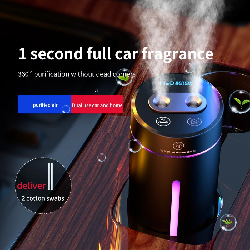380ML Double Spray Vehicle Air Humidifier USB Charging Mini Essential Oil Diffuser with Mood Light Wireless Car Aroma Humidifier