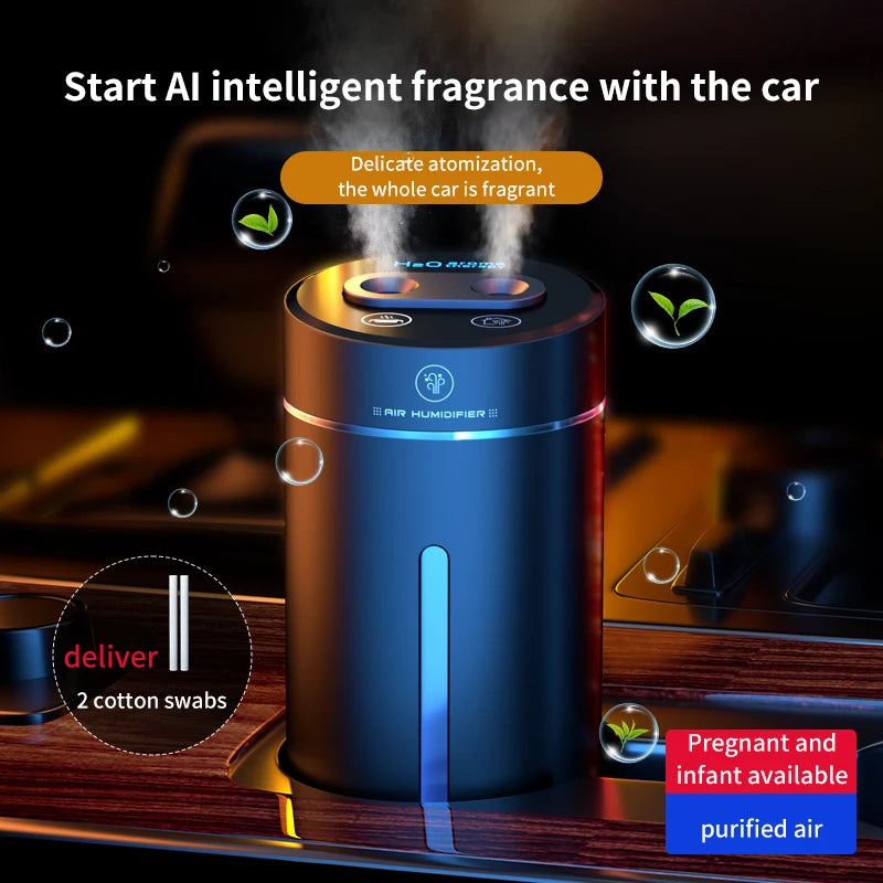 380ML Double Spray Vehicle Air Humidifier USB Charging Mini Essential Oil Diffuser with Mood Light Wireless Car Aroma Humidifier