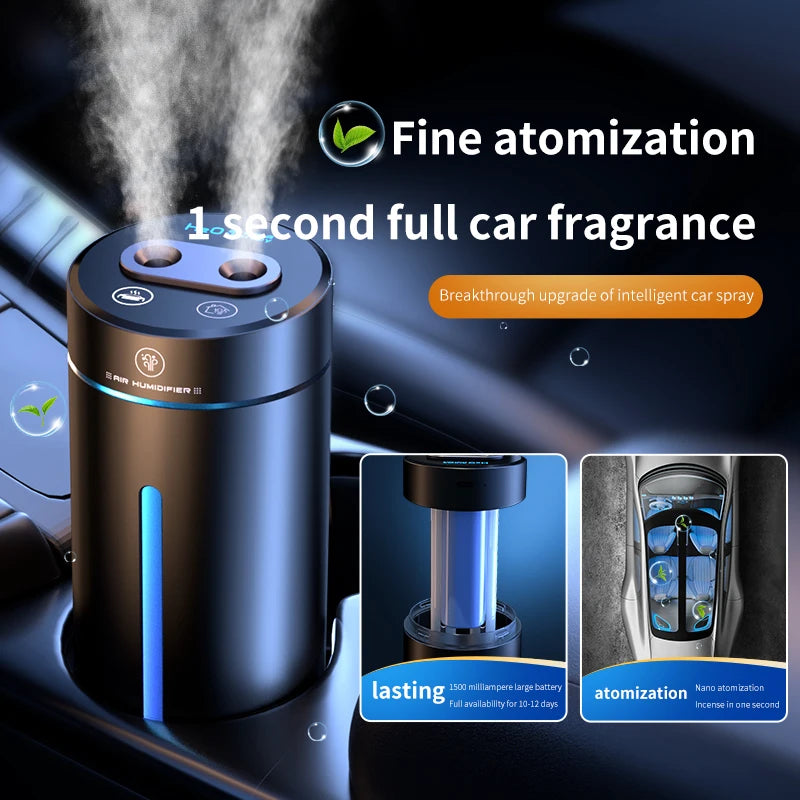 380ML Double Spray Vehicle Air Humidifier USB Charging Mini Essential Oil Diffuser with Mood Light Wireless Car Aroma Humidifier